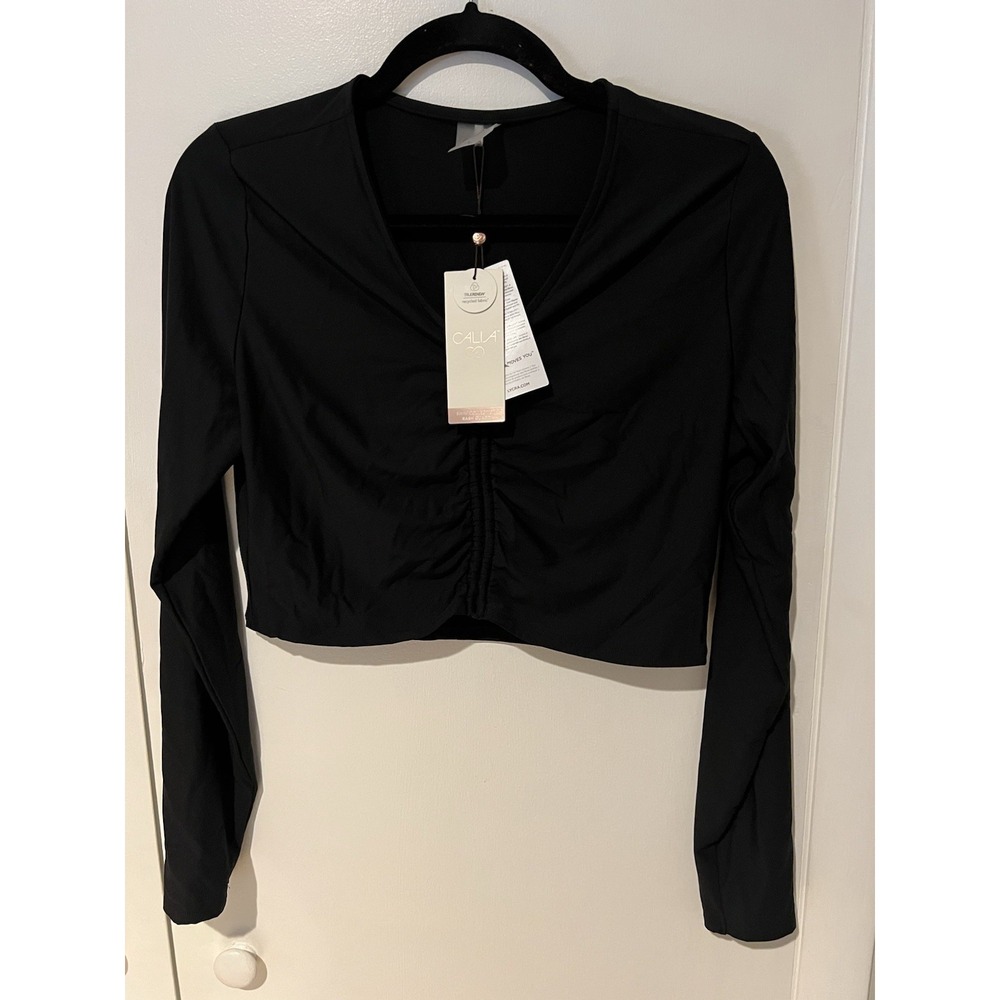 NWT Calia Rash‎ Guard Large Long Sleeve Ruched Top Black Womens Swim Shirt